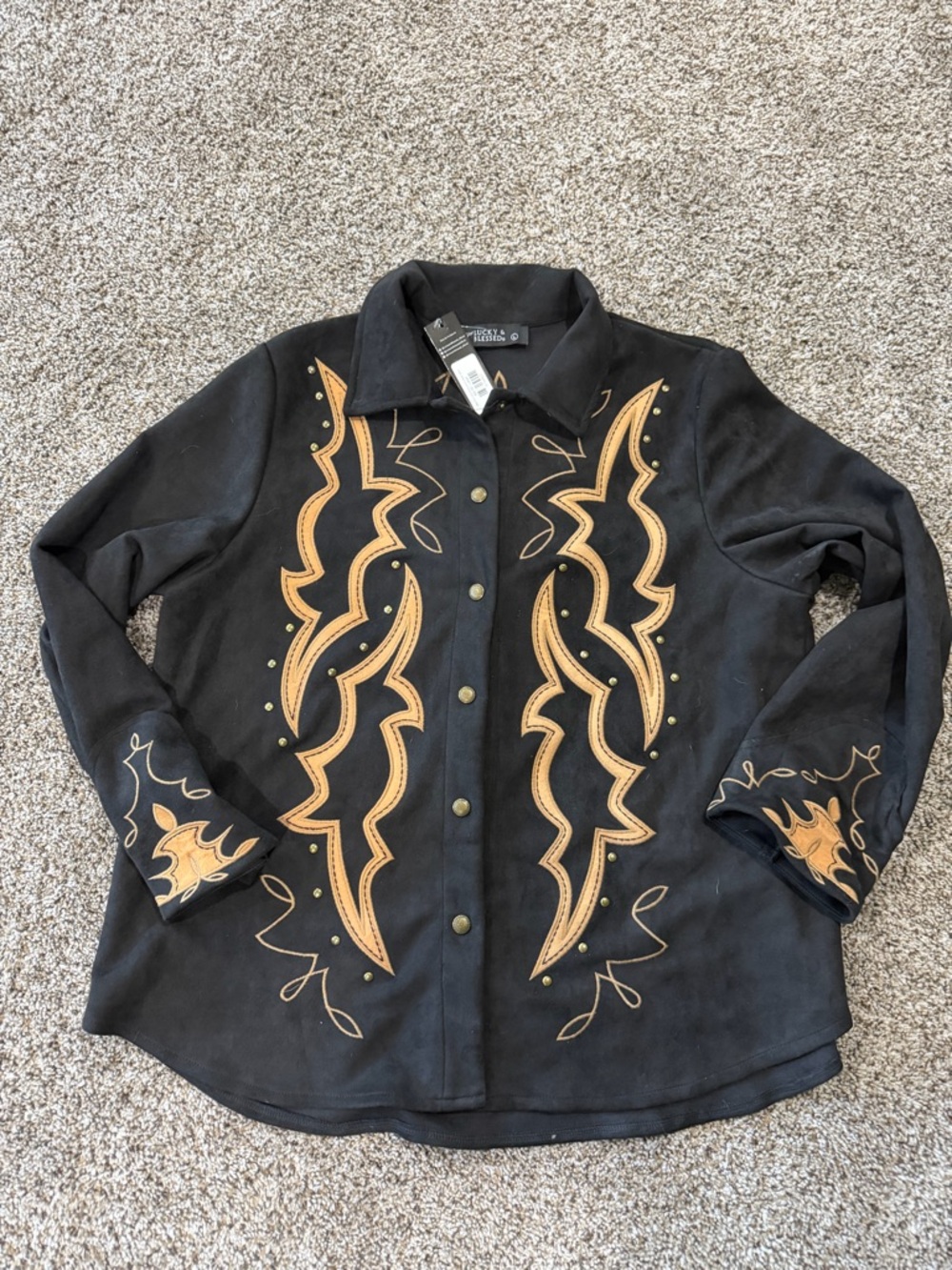 Faux Suede Button-Up Jacket with Tan Western Embroidery nwt large